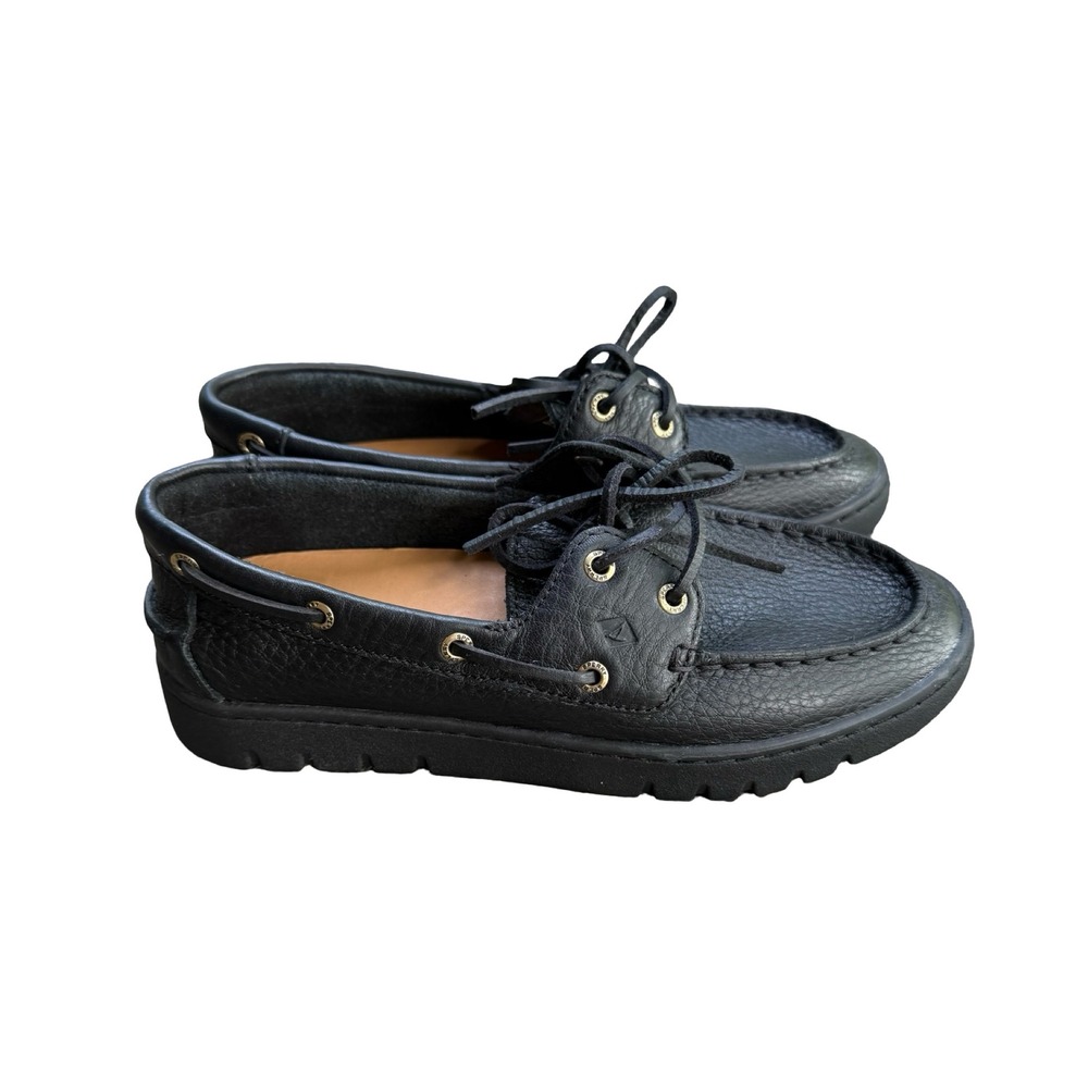 Sperry Keely Boat Shoes Womens 7.5 Black Pebbled Leather Lug Sole Loafers 104765 - Picture 3 of 8